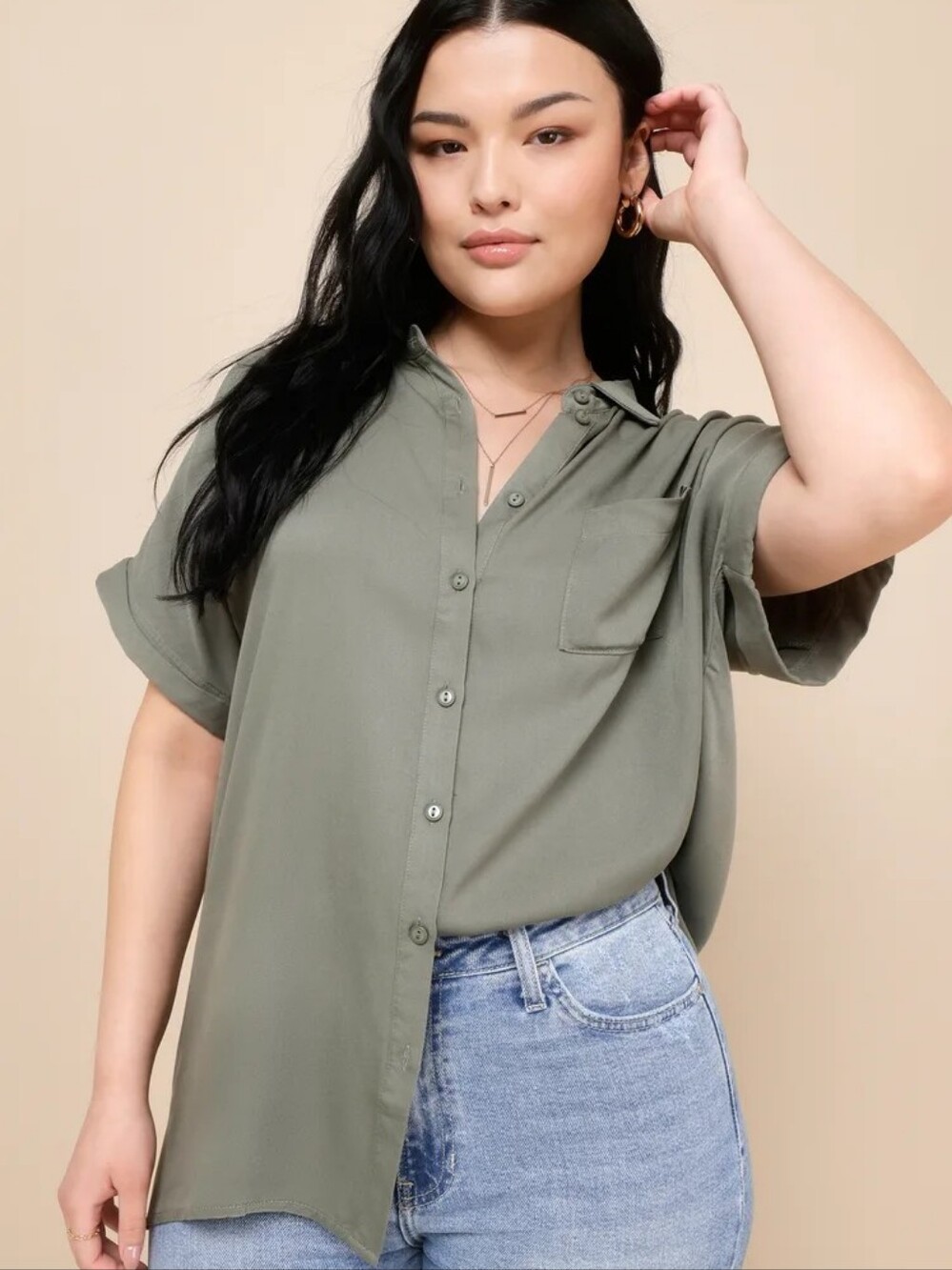 Lulus Blythe Olive Green Short Sleeve Button-Up Top